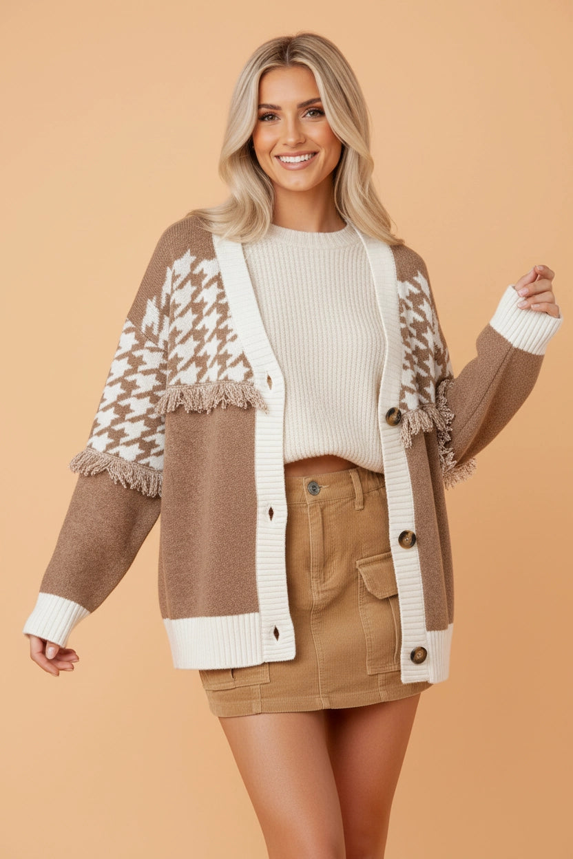 Houndstooth Colorblock Raw Edge Cardigan