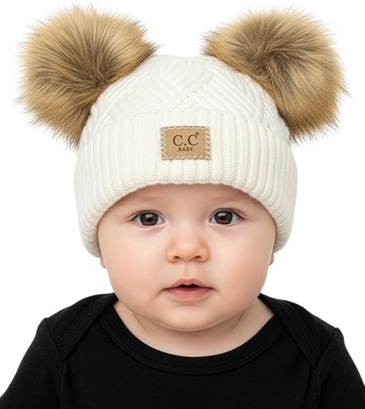 Infant Diamond Woven Double Pom Beanie - White
