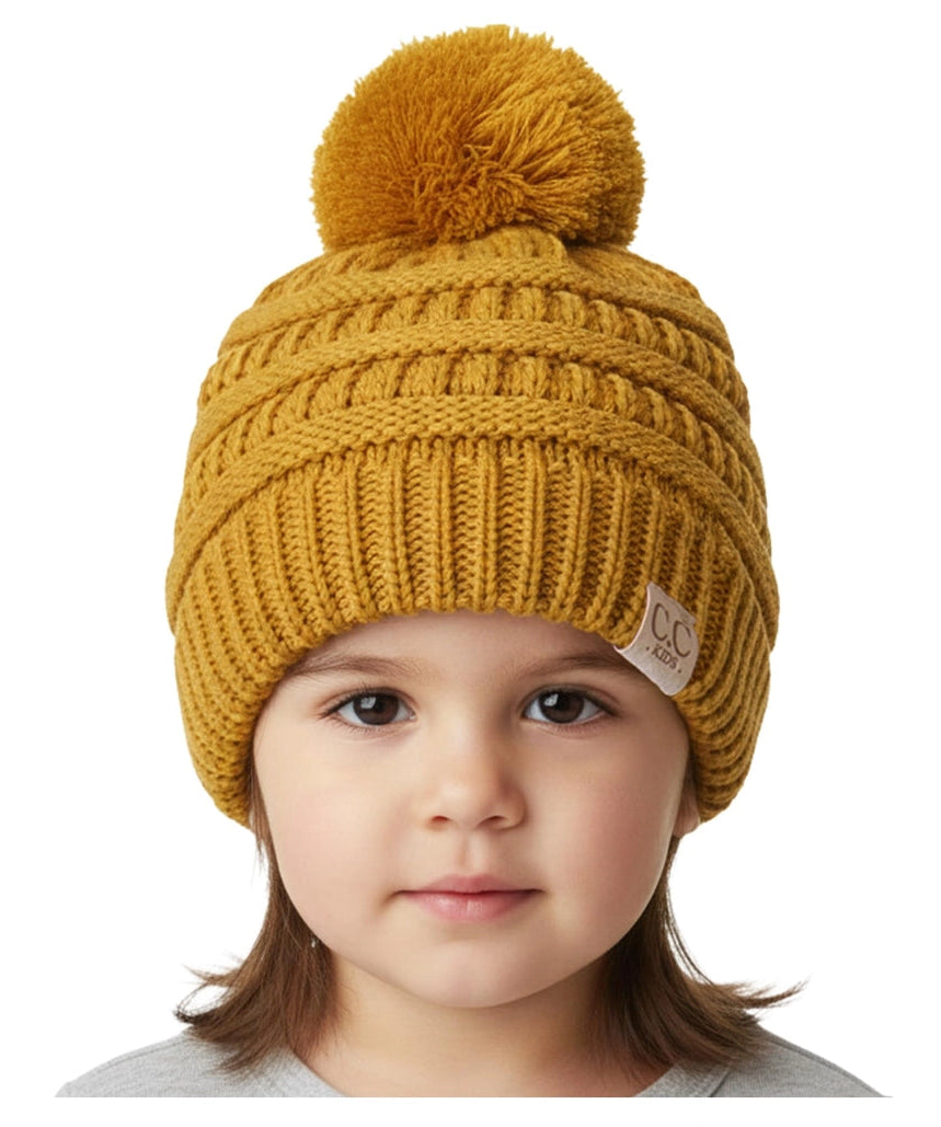 Toddler/Kids Cable Knit Pom Beanie - Mustard