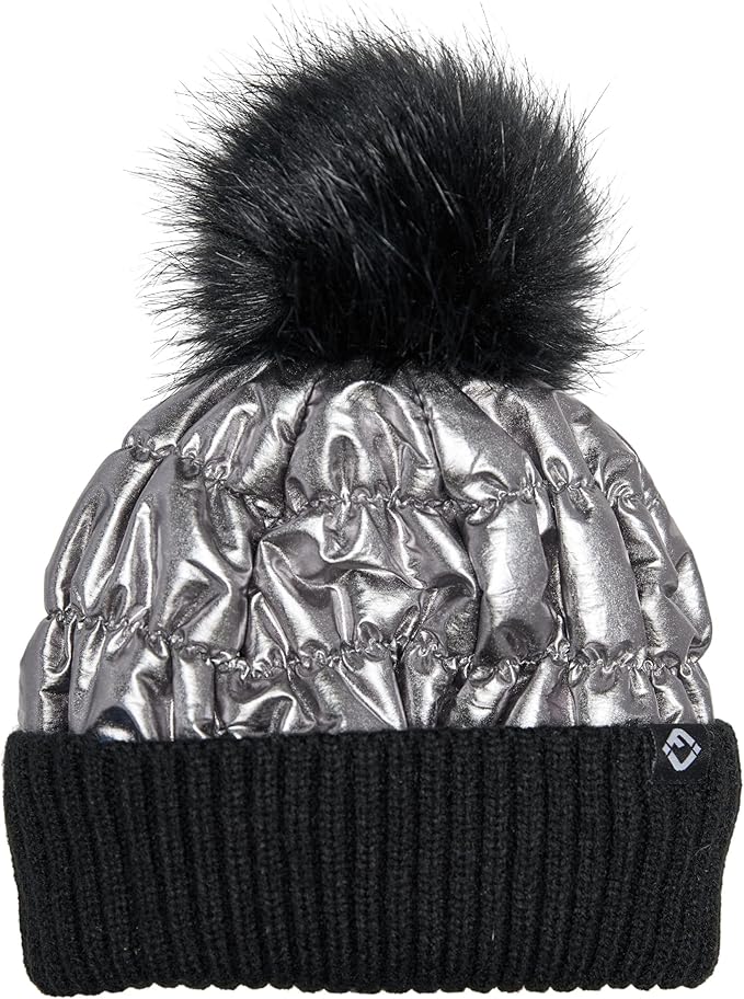 Toddler/Kids Puffer Pom Beanie - Black/Silver