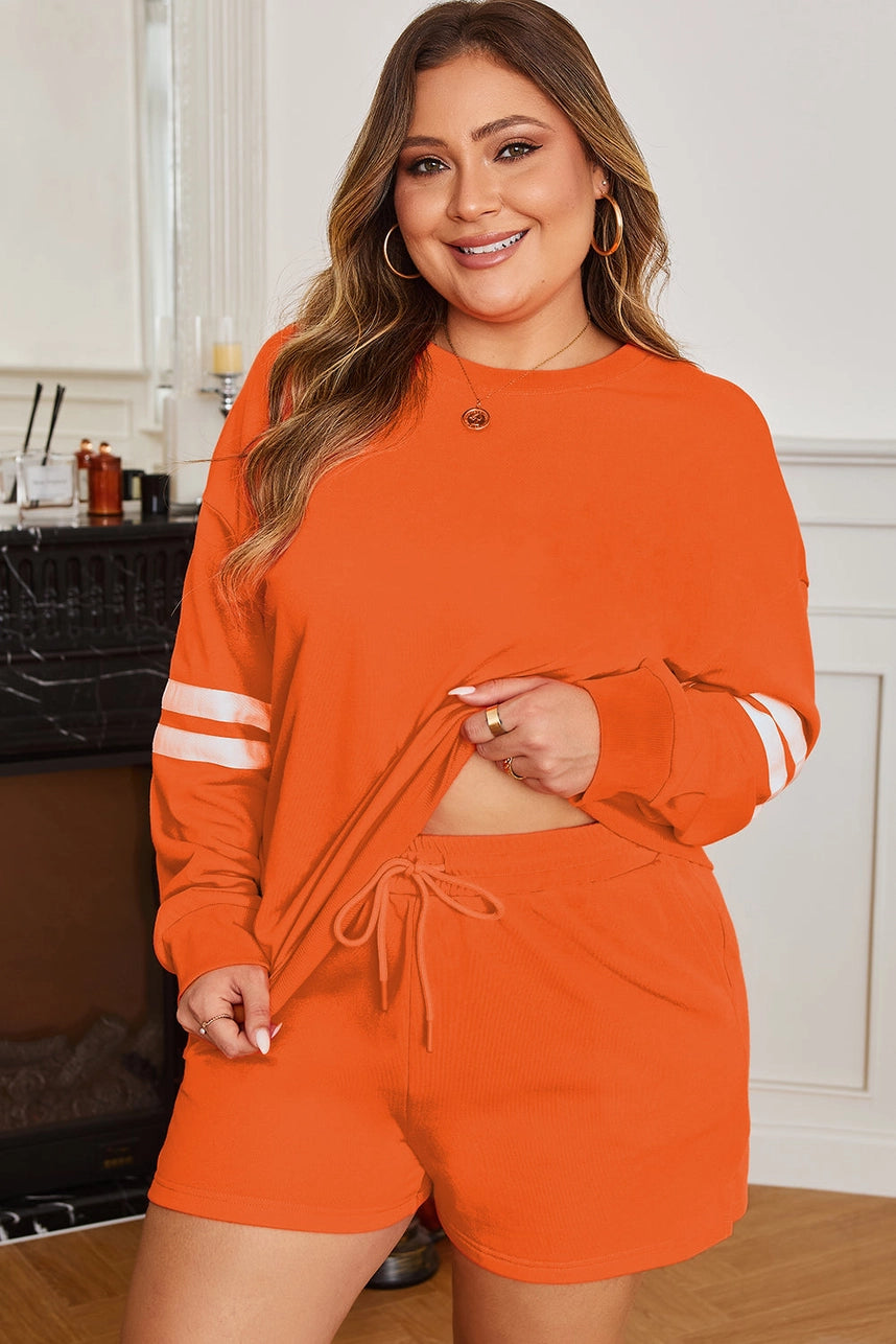 Orange Varsity Stripe Pullover & Shorts Set- Curvy