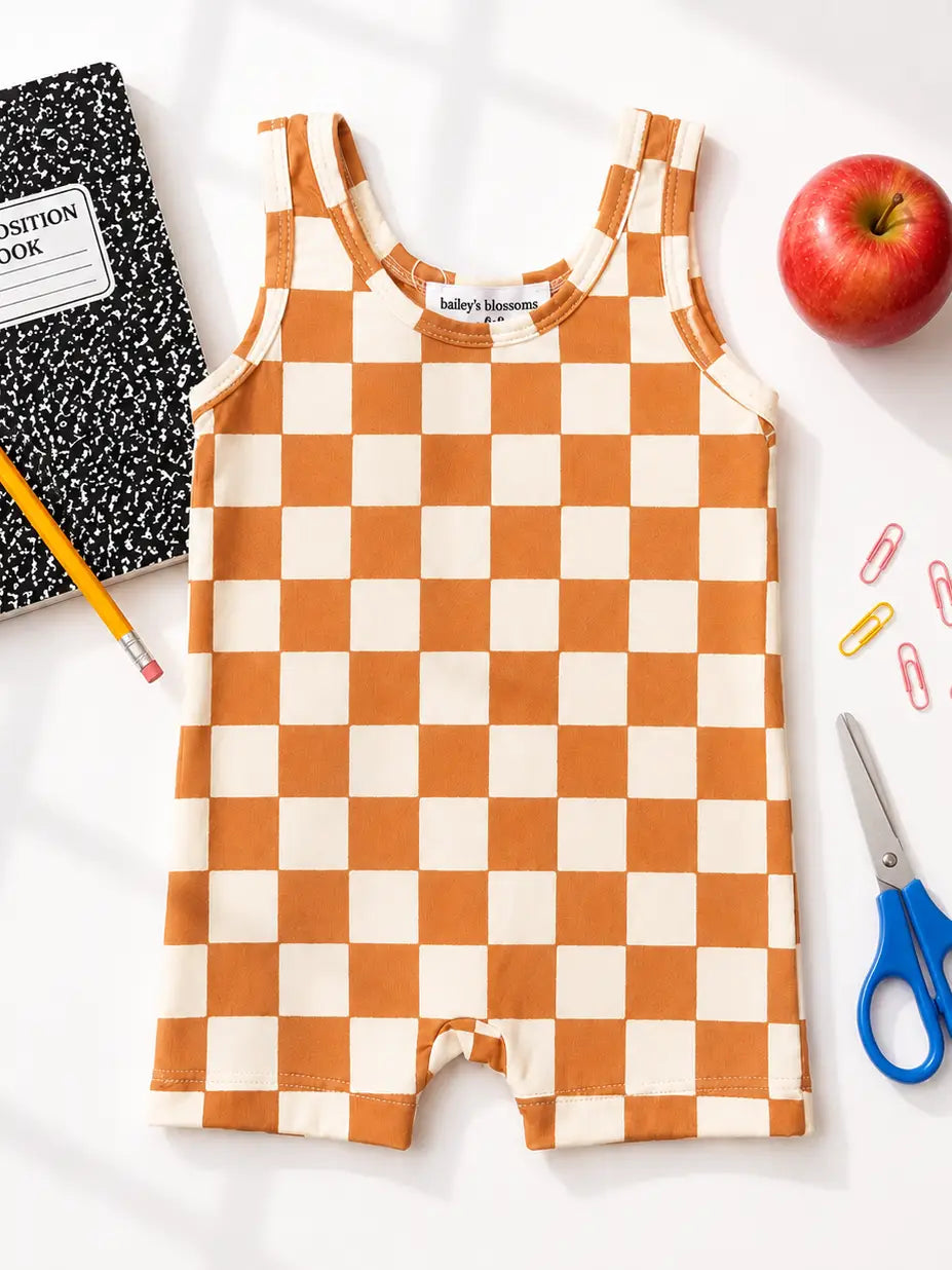 Orange Sunrise Check Bikeshort Romper