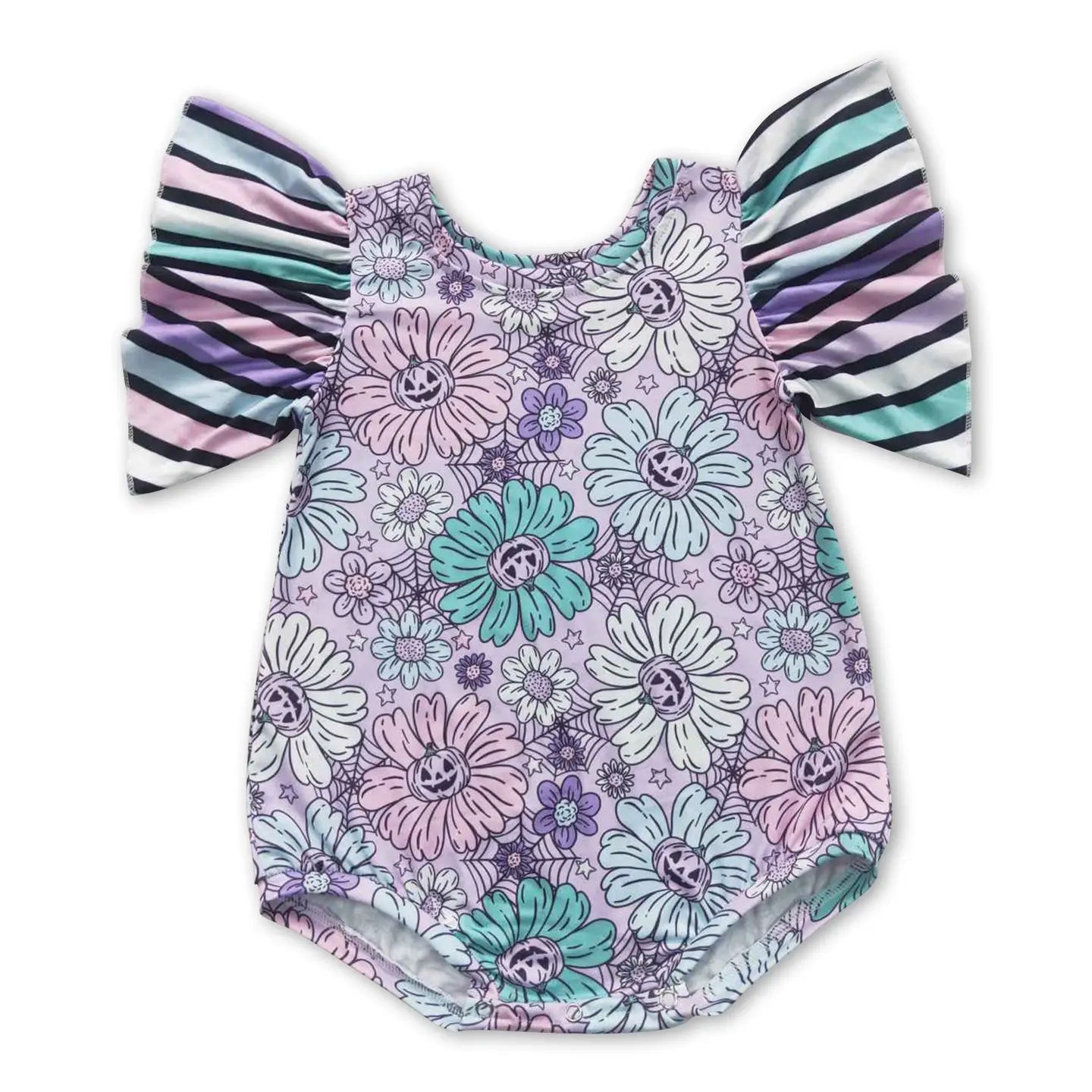 Purple Pumpkin Floral Flutter Sleeve Romper