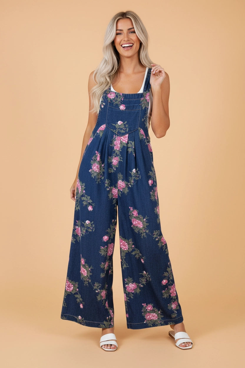 Blue Floral Pleated High Waist Wide Leg Jumpsuit