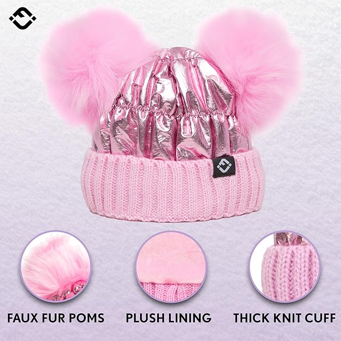 Infant Puffer Double Pom Beanie - Pink