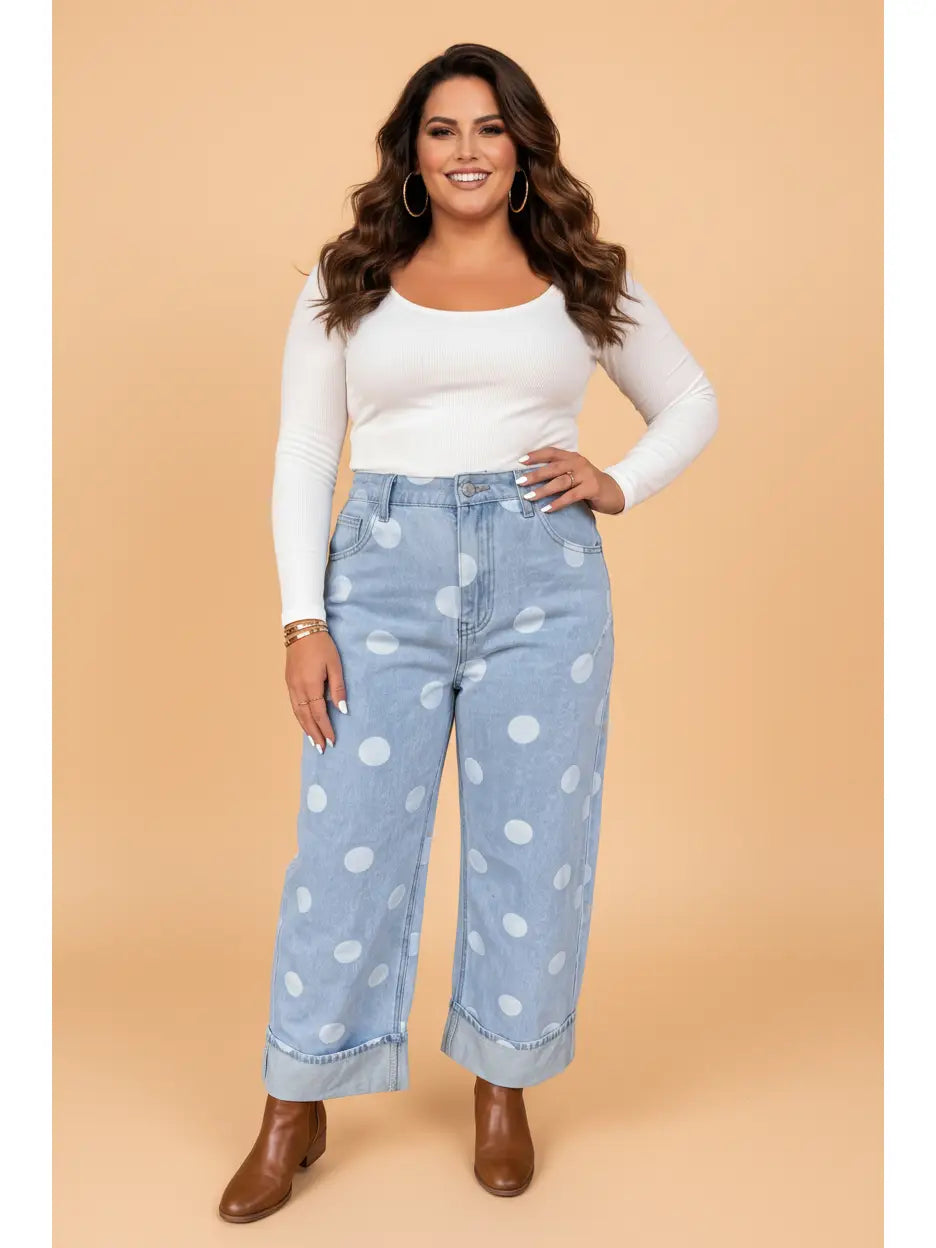 Polka Dot Denim Barrel Leg Jeans - Curvy