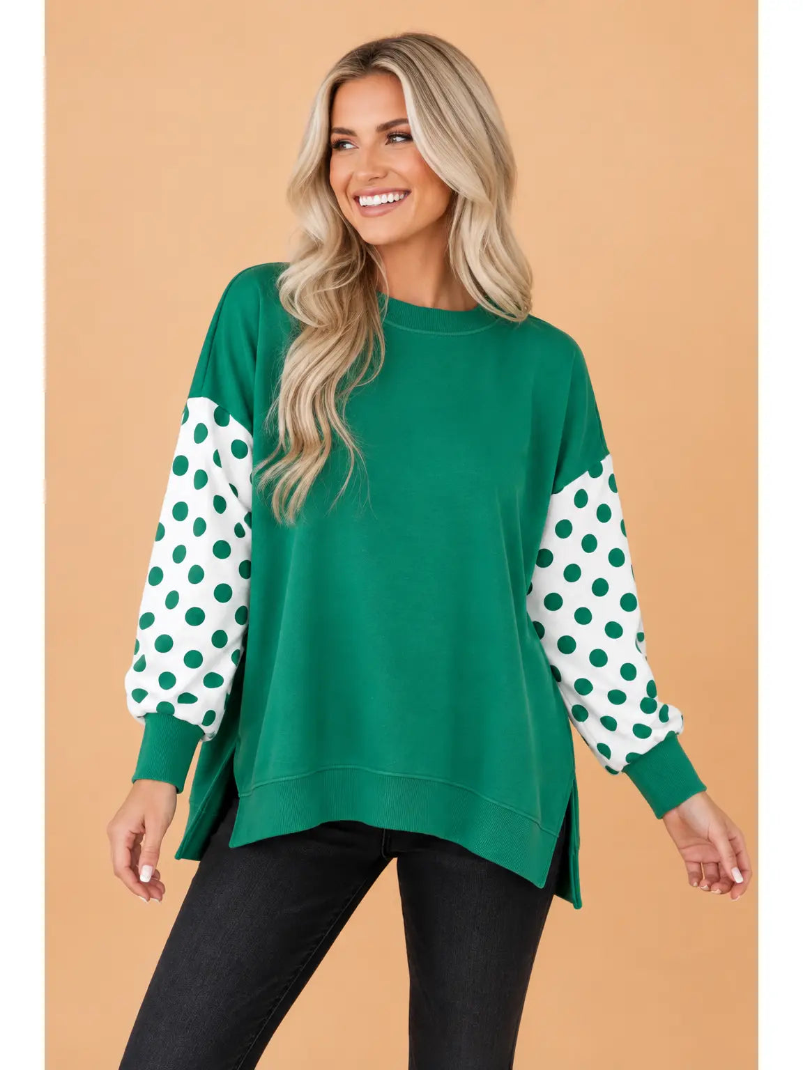 Green Polka Dot Drop Shoulder Sweatshirt