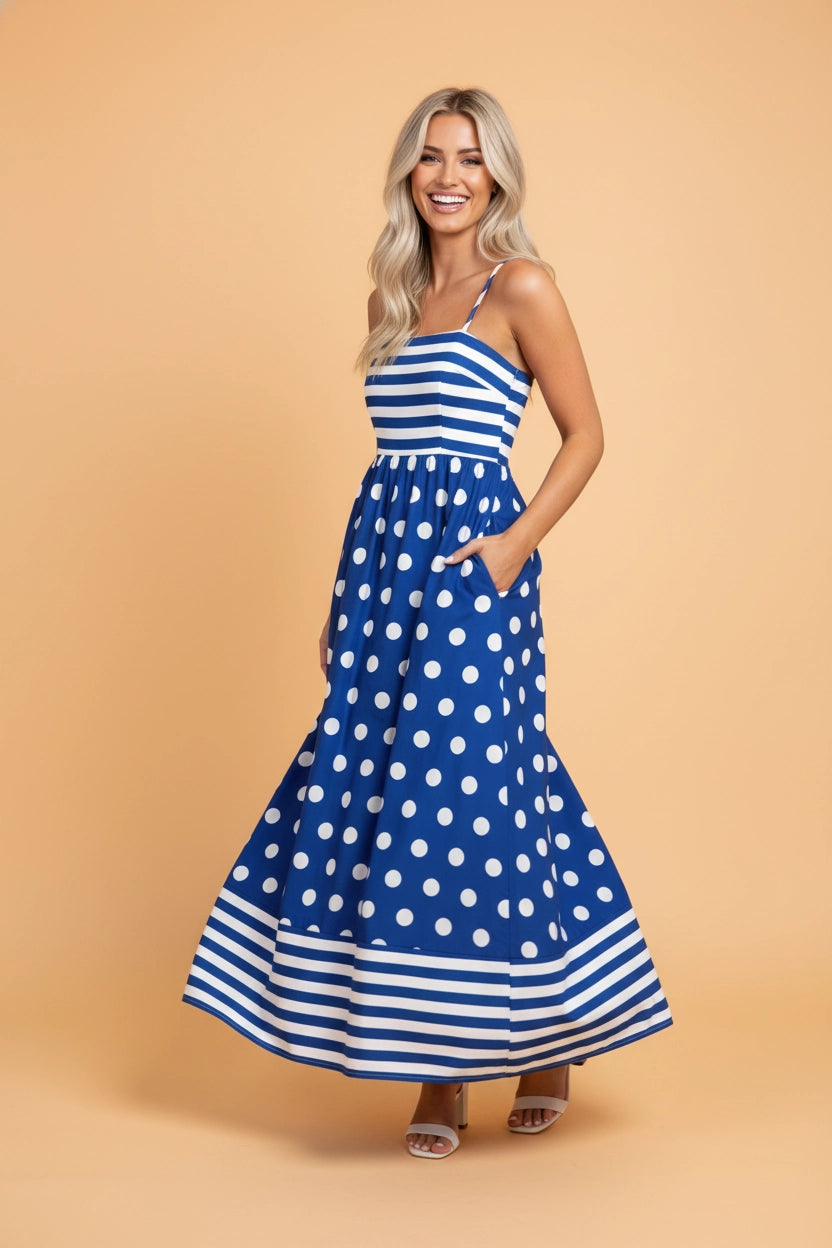 Blue & White Stripe Polka Dot Maxi