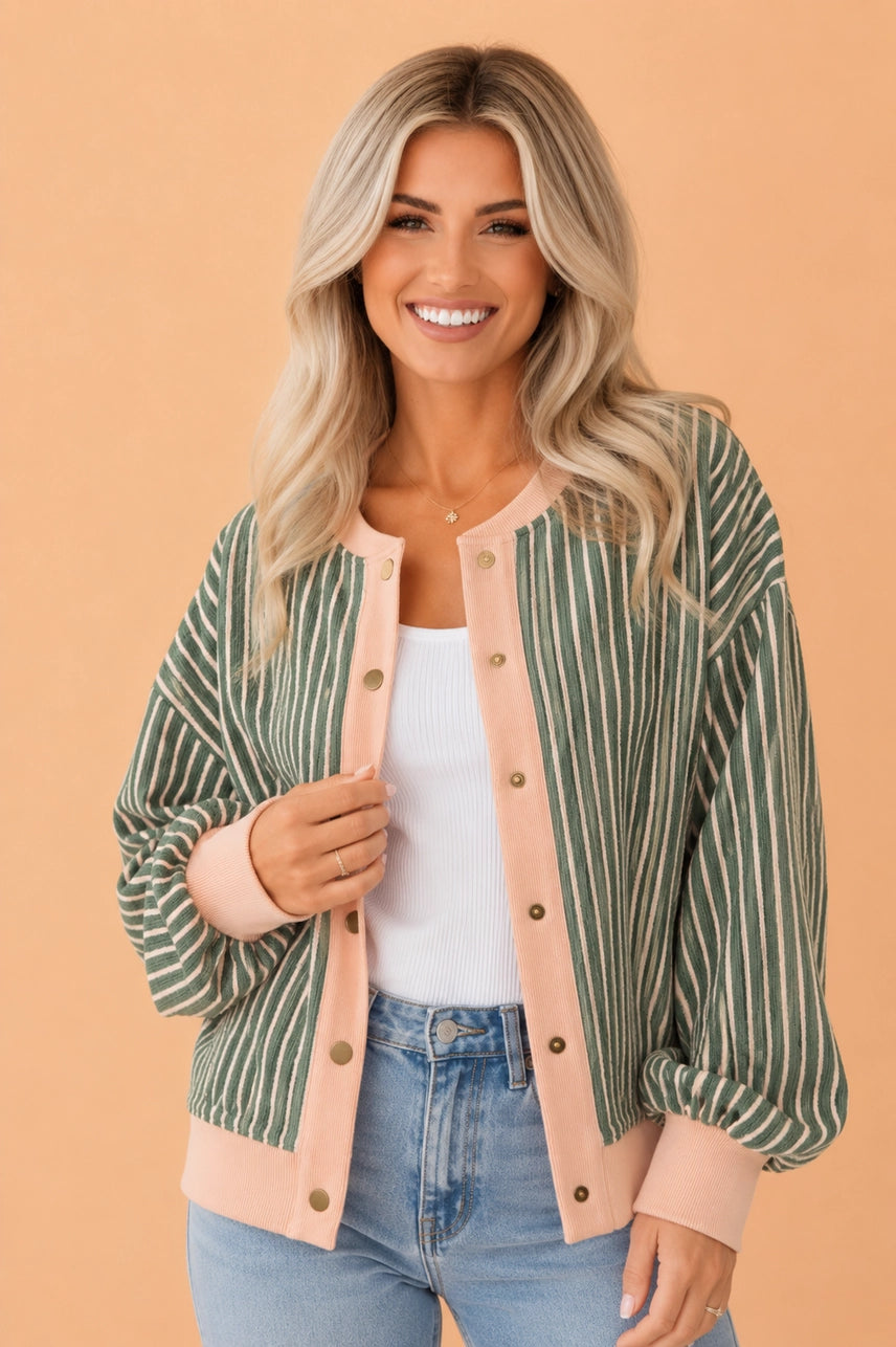 Green Stripe Contrast Trim Buttoned Cardigan