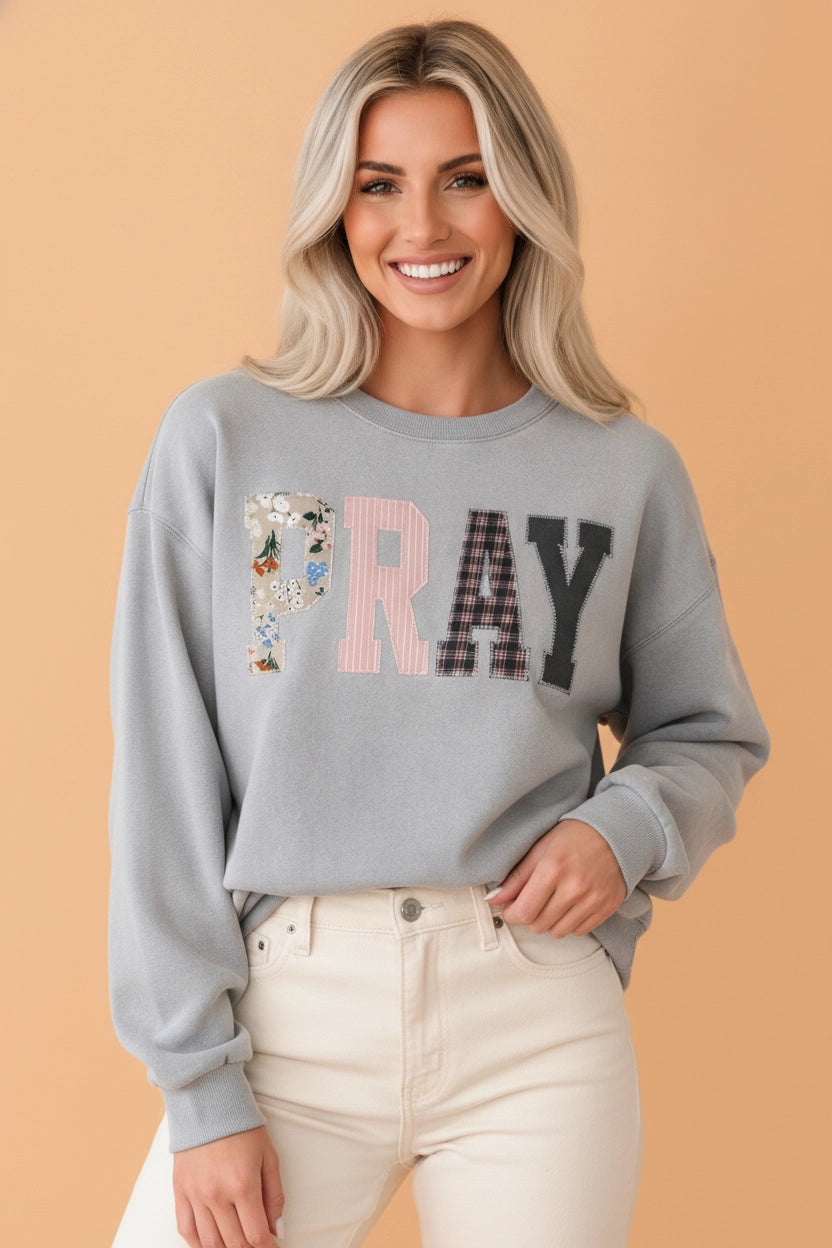 Pray Embroidered Letter Patchwork Sweatshirt