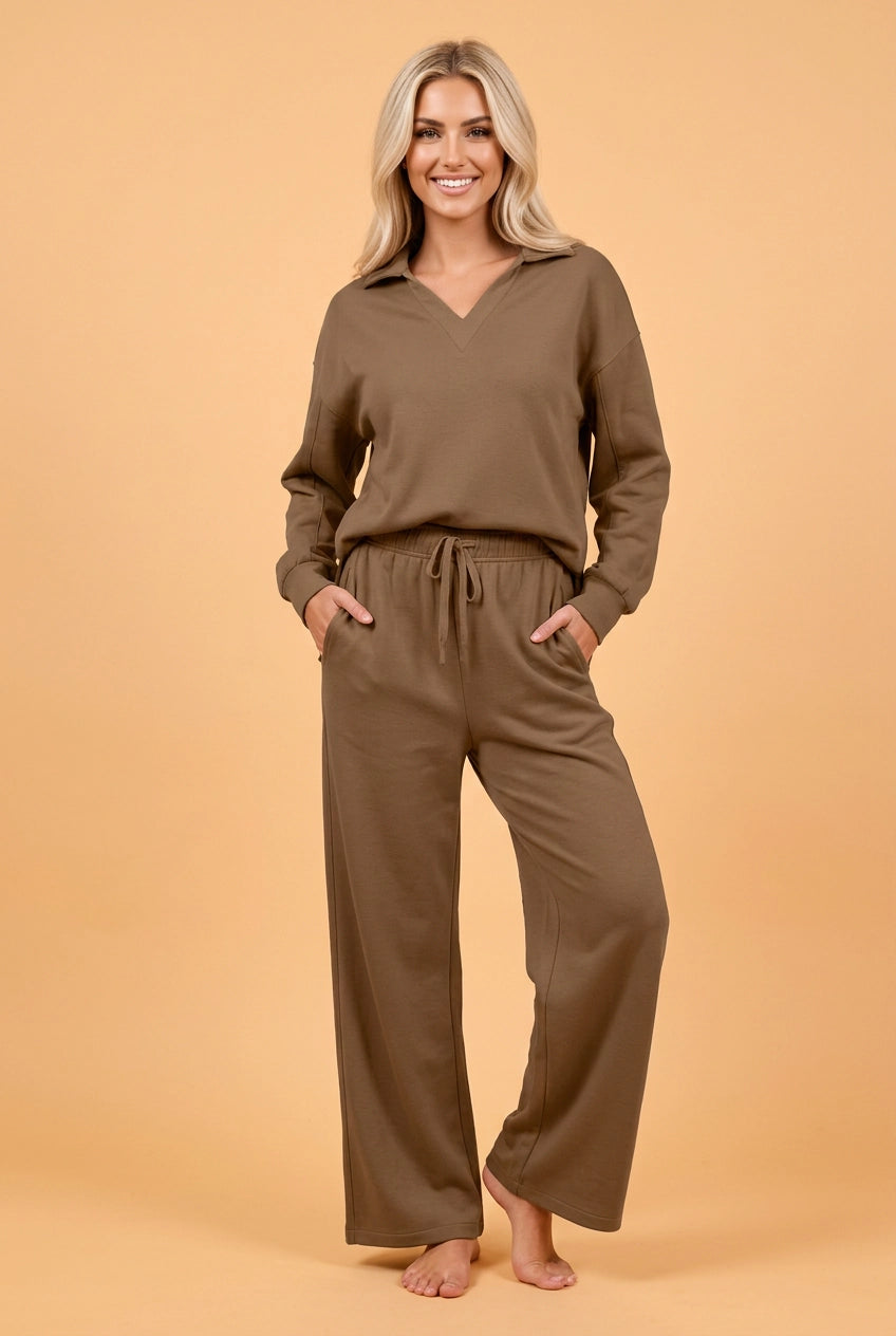 Brown V-Neck Top & High Waist Pants Set