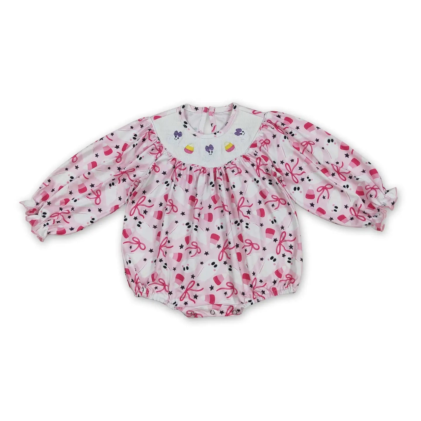 Pink Candy Corn Ghost Smocked Romper