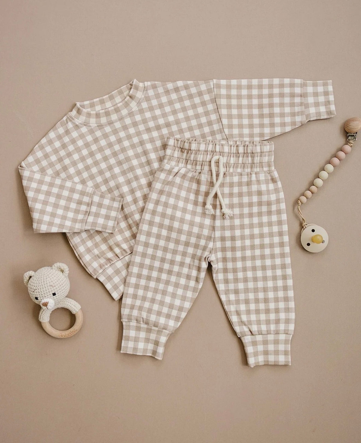 Beige Gingham Jogger Set