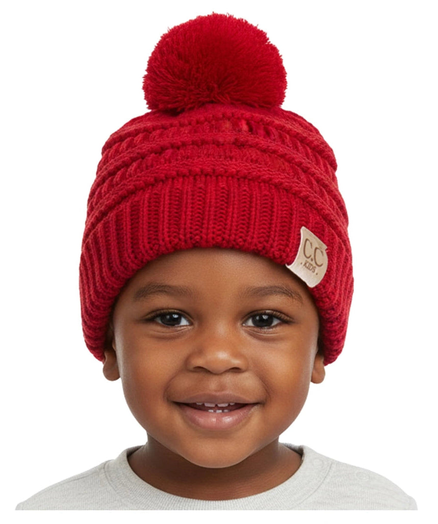 Toddler/Kids Cable Knit Pom Beanie - Red