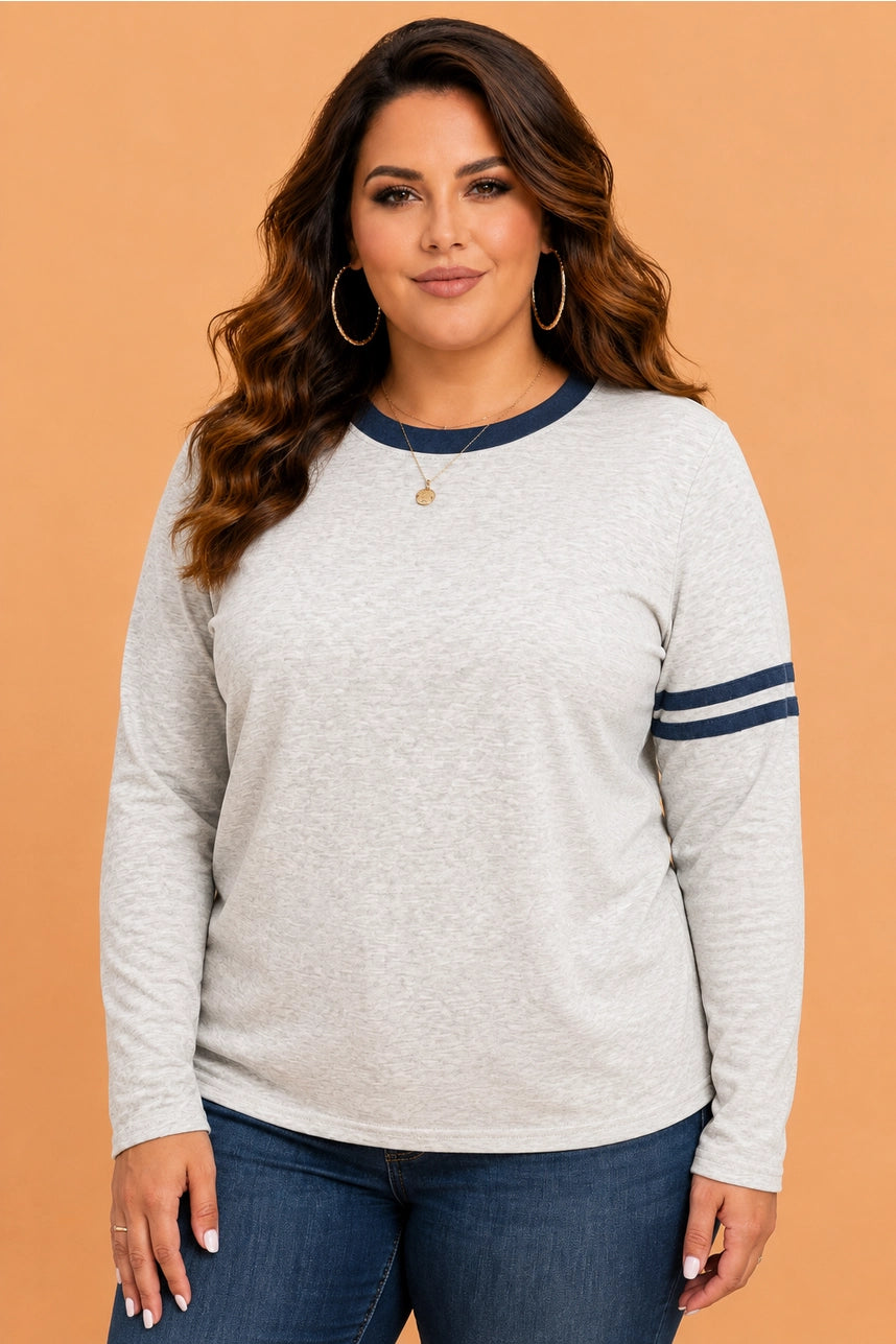 Striped Sleeve Long Sleeve Top - Curvy