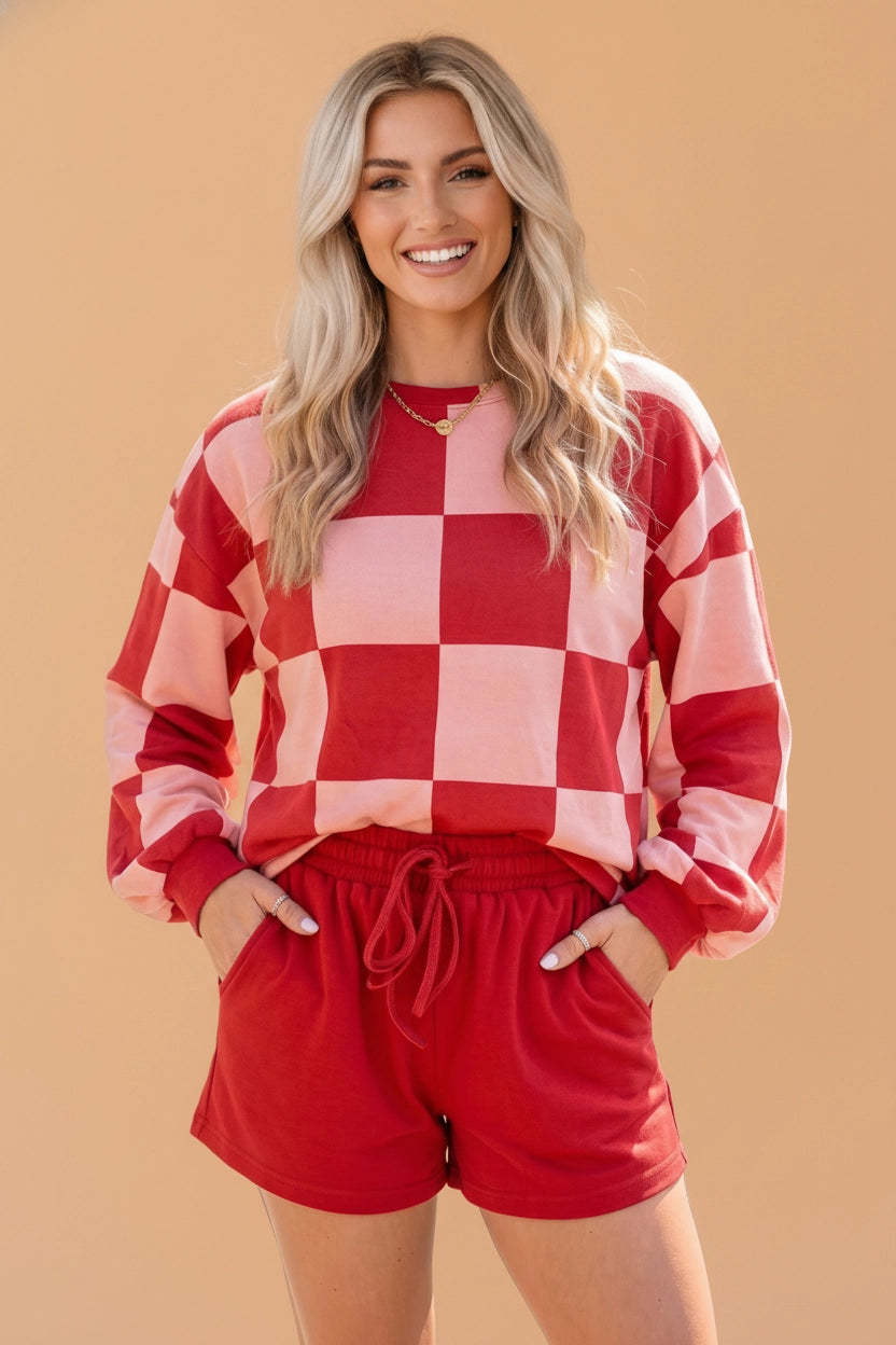 Red Checker Long Sleeve Top & Shorts Set