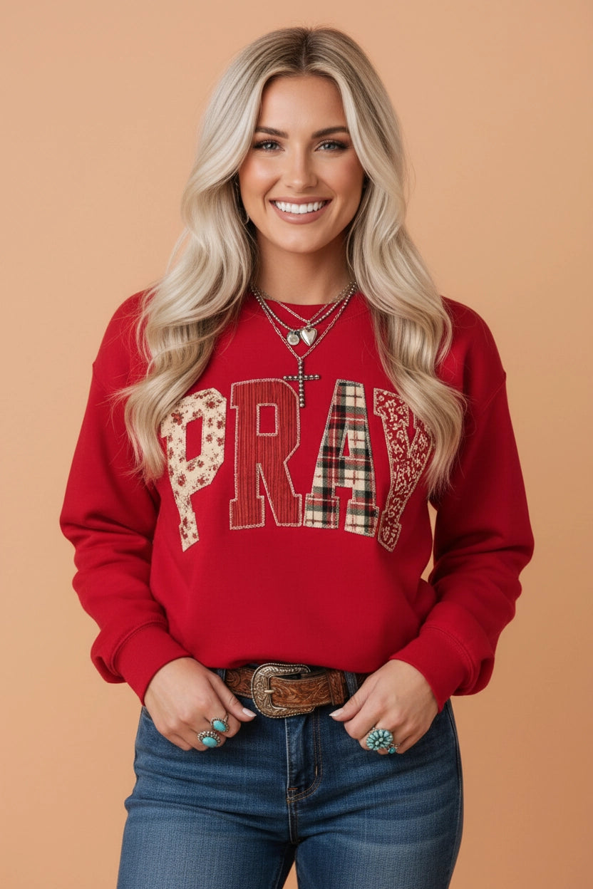 Red Pray Embroidered Drop Shoulder Sweatshirt