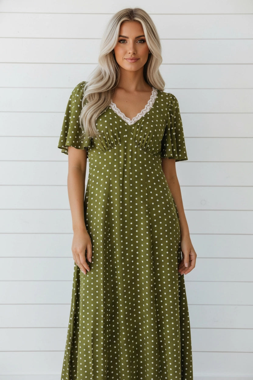 Green Lace V-Neck Smocked Maxi