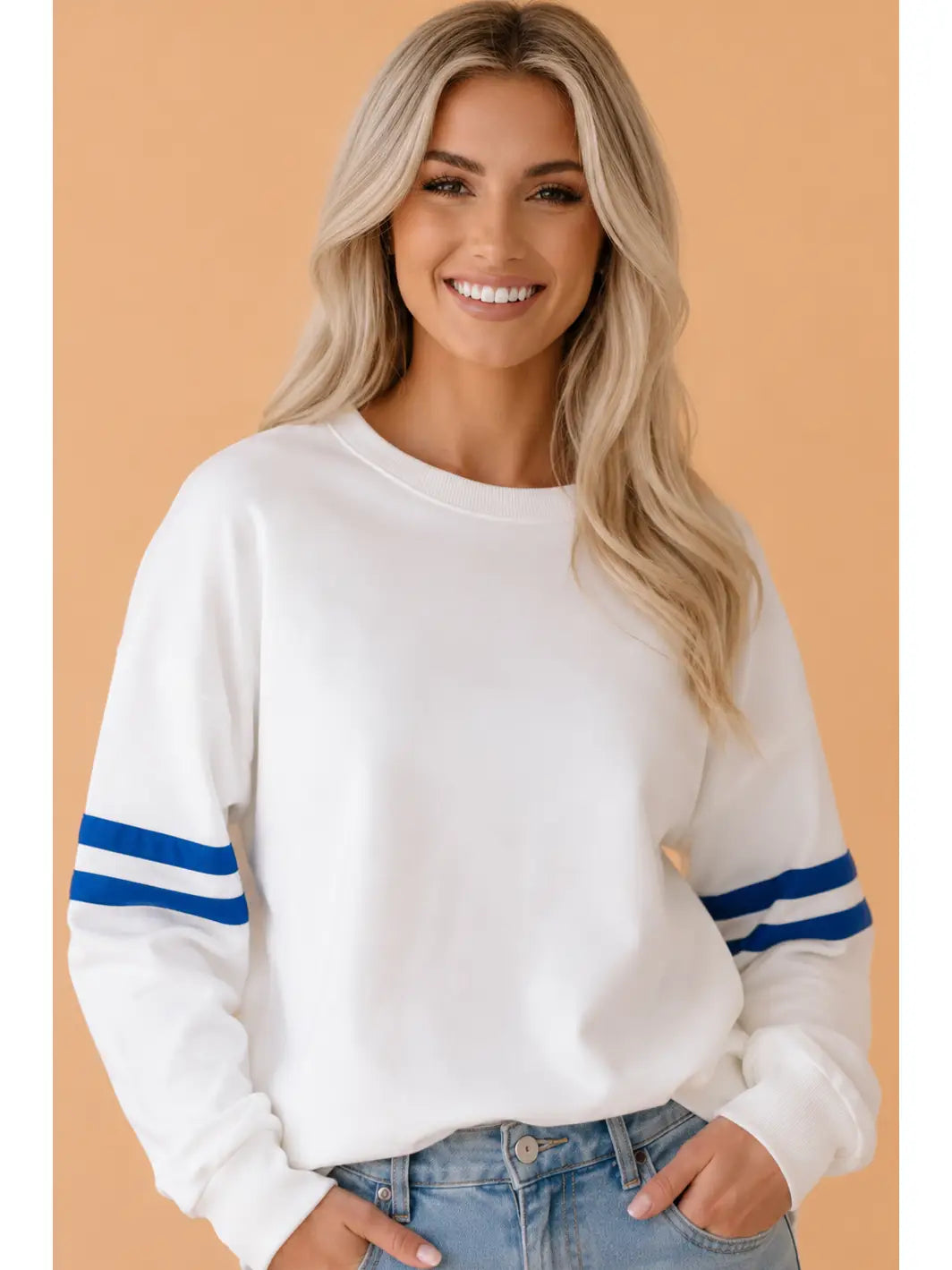 Varsity Stripe Drop Shoulder Oversized Sweatshirt - White/Blue
