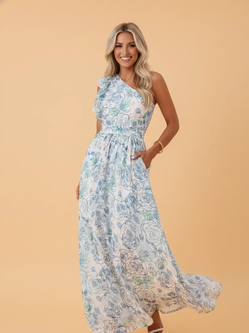 Watercolor Floral Ruffle One Shoulder Dress