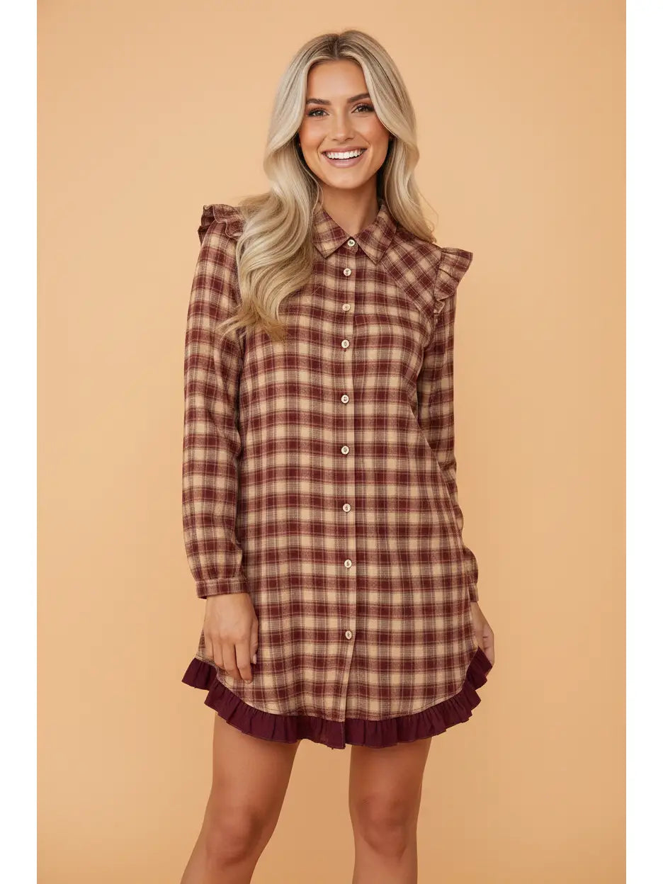 Plaid Ruffle Long Sleeve Dress