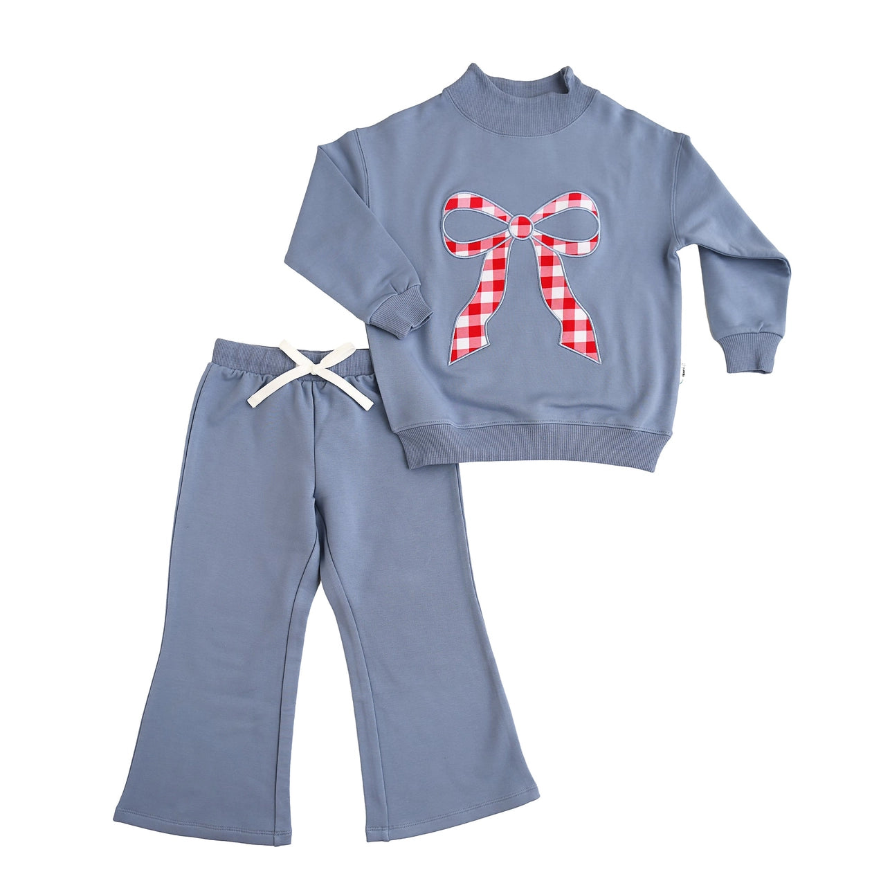 Blue Gingham Bow Mock Neck Flare Set