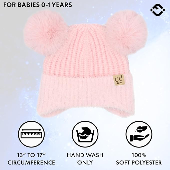 Infant Double Pom Chenille Earflap Beanie - Light Pink