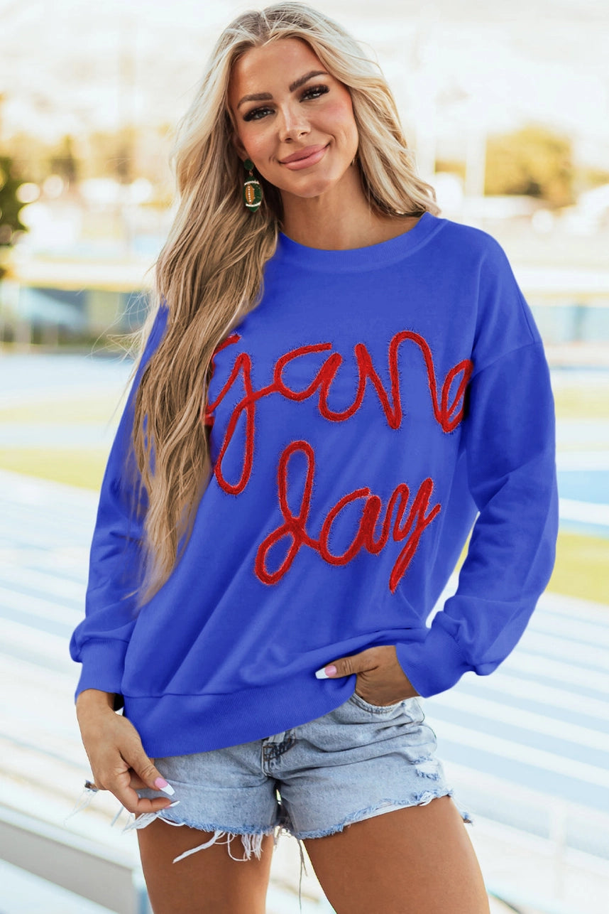 Tinsel Embroidery Blue & Red Gameday Sweatshirt