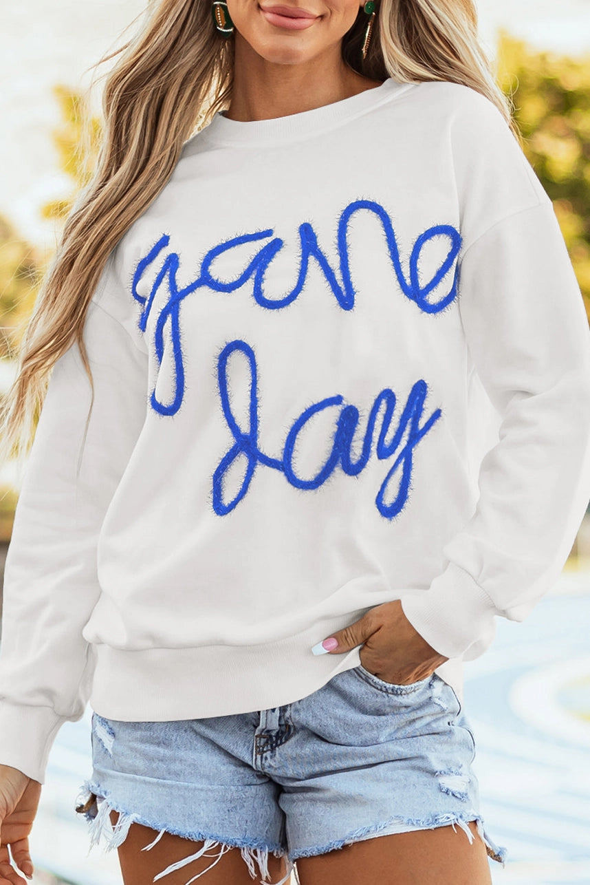 Tinsel Embroidery White & Blue Gameday Sweatshirt