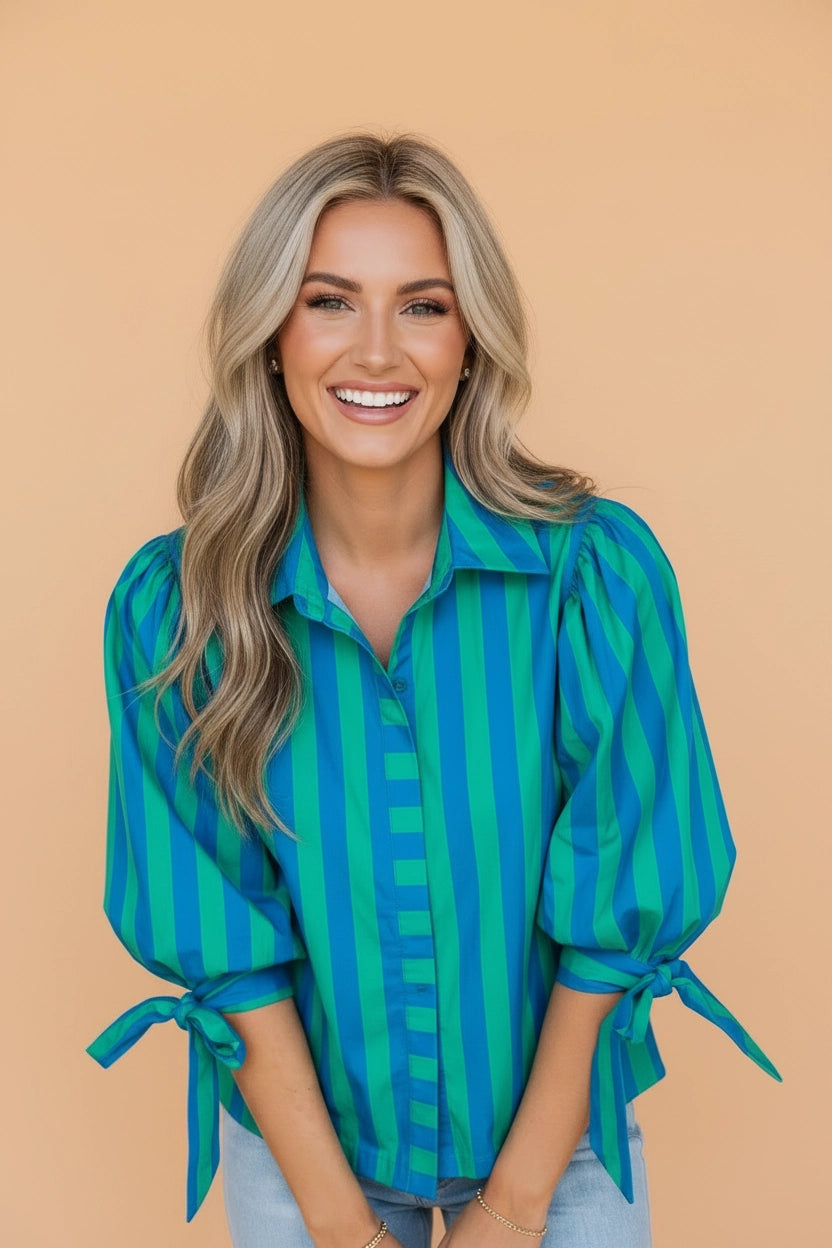Blue & Green Stripe Puff Sleeve Button Down Shirt