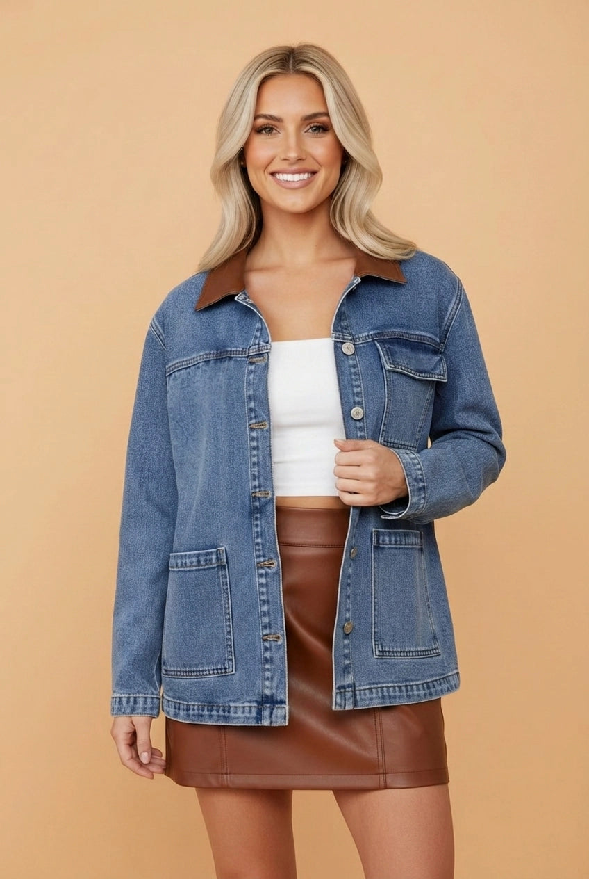 Denim Leather Collar Pocket Button Front Jacket