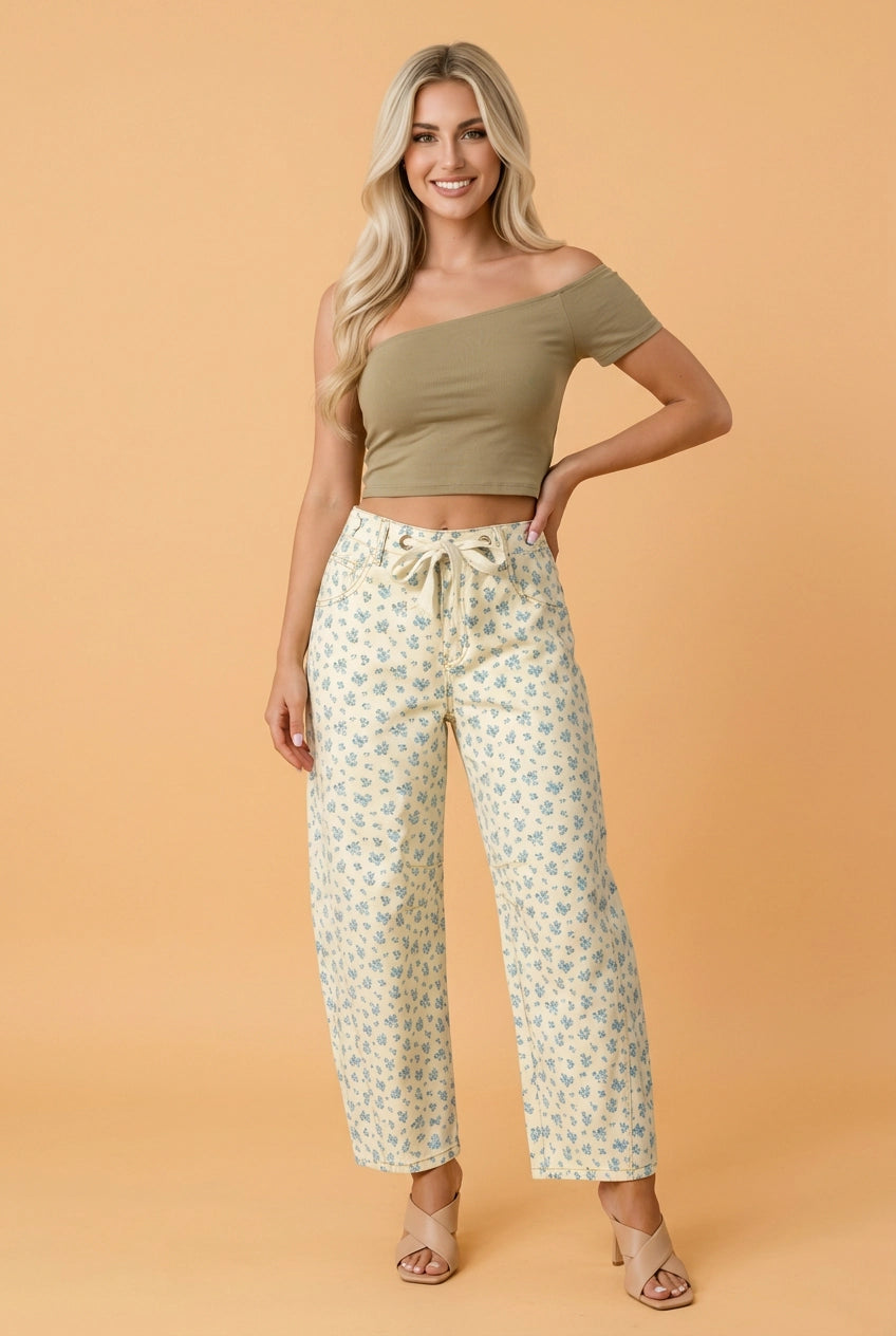 Floral Knot Waist Barrel Leg Jeans
