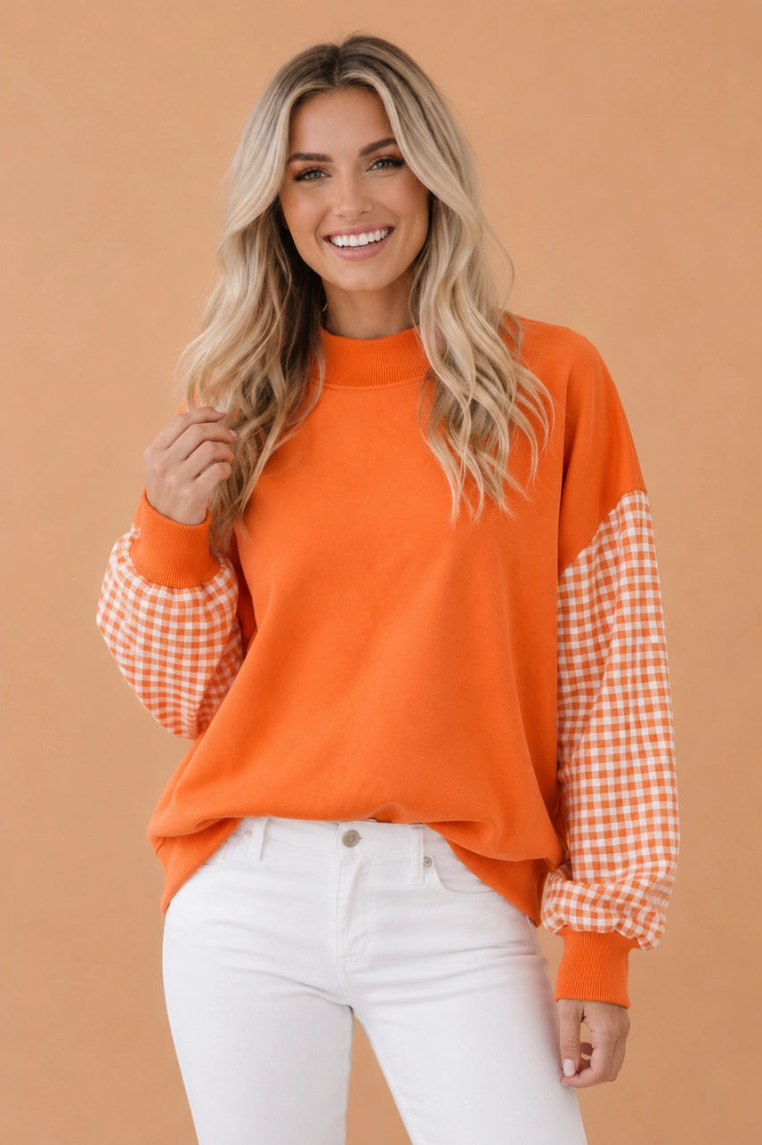 Gingham Sleeve Mock Neck