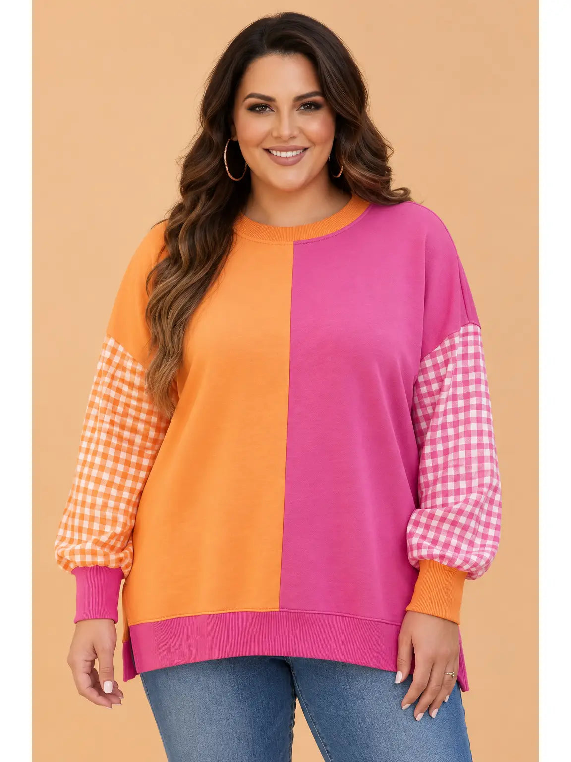 Pink & Orange Gingham Patchwork Split Hem Sweatshirt - Curvy