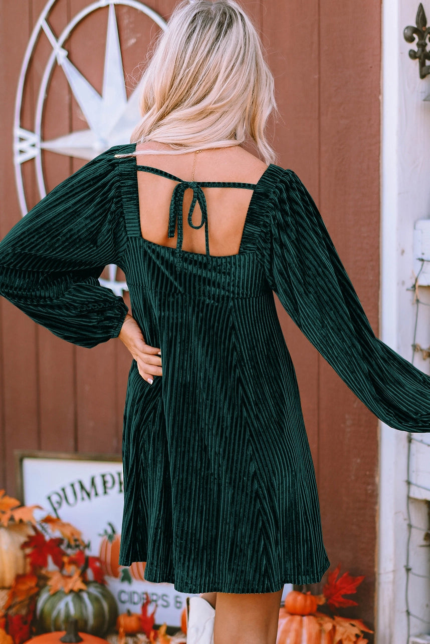 Green Velvet Square Neck Babydoll Dress