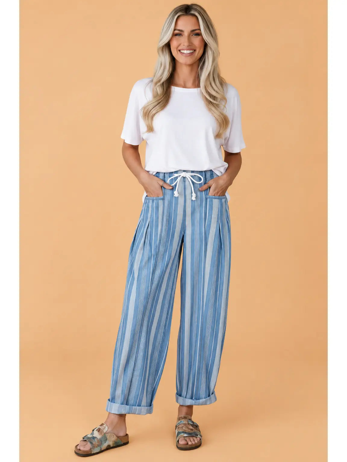Striped High Waist Barrel Pants