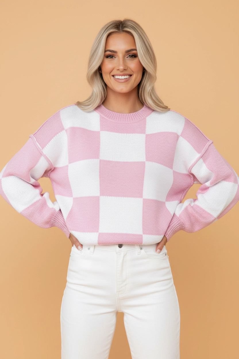 Pink Checker Exposed Seam Drop Shoulder Sweater