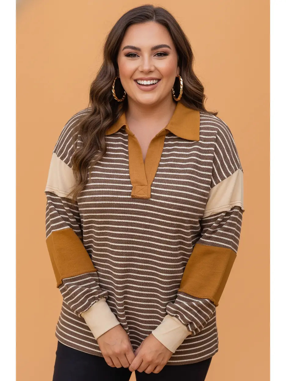 Brown Stripe V-Neck Long Sleeve Top - Curvy