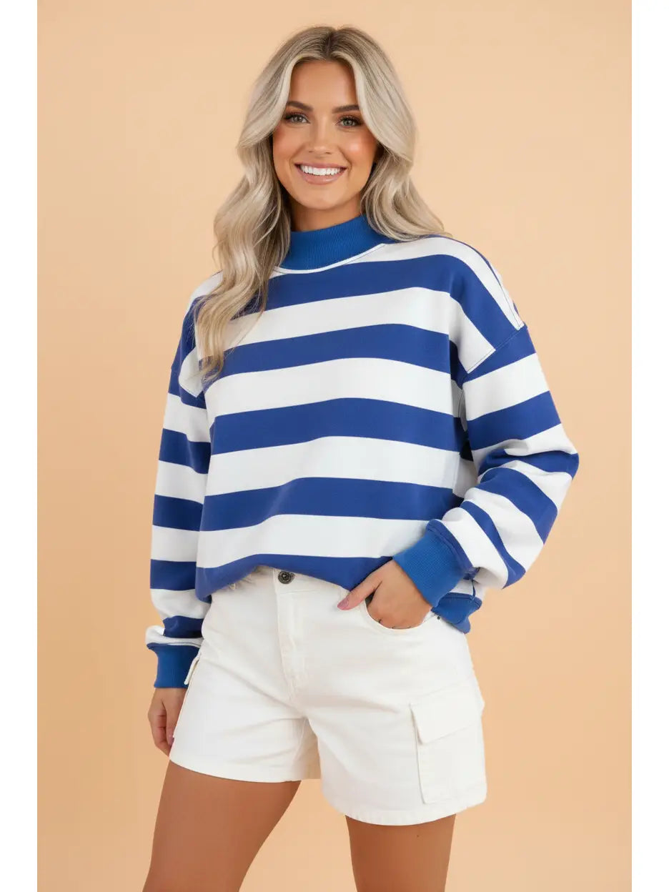 Blue Stripe Mock Neck Sweatshirt