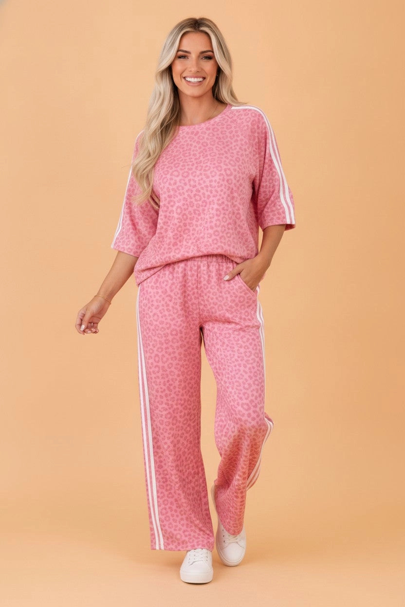 Pink Leopard Varsity Stripe Top & Pants Set