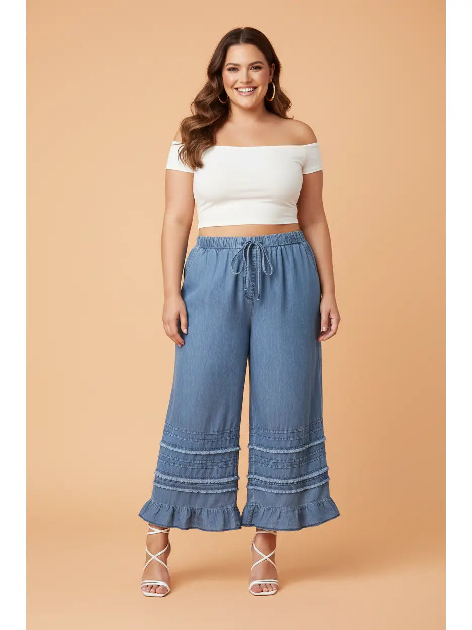 Tiered Raw Edge Ruffle Denim Pants - Curvy