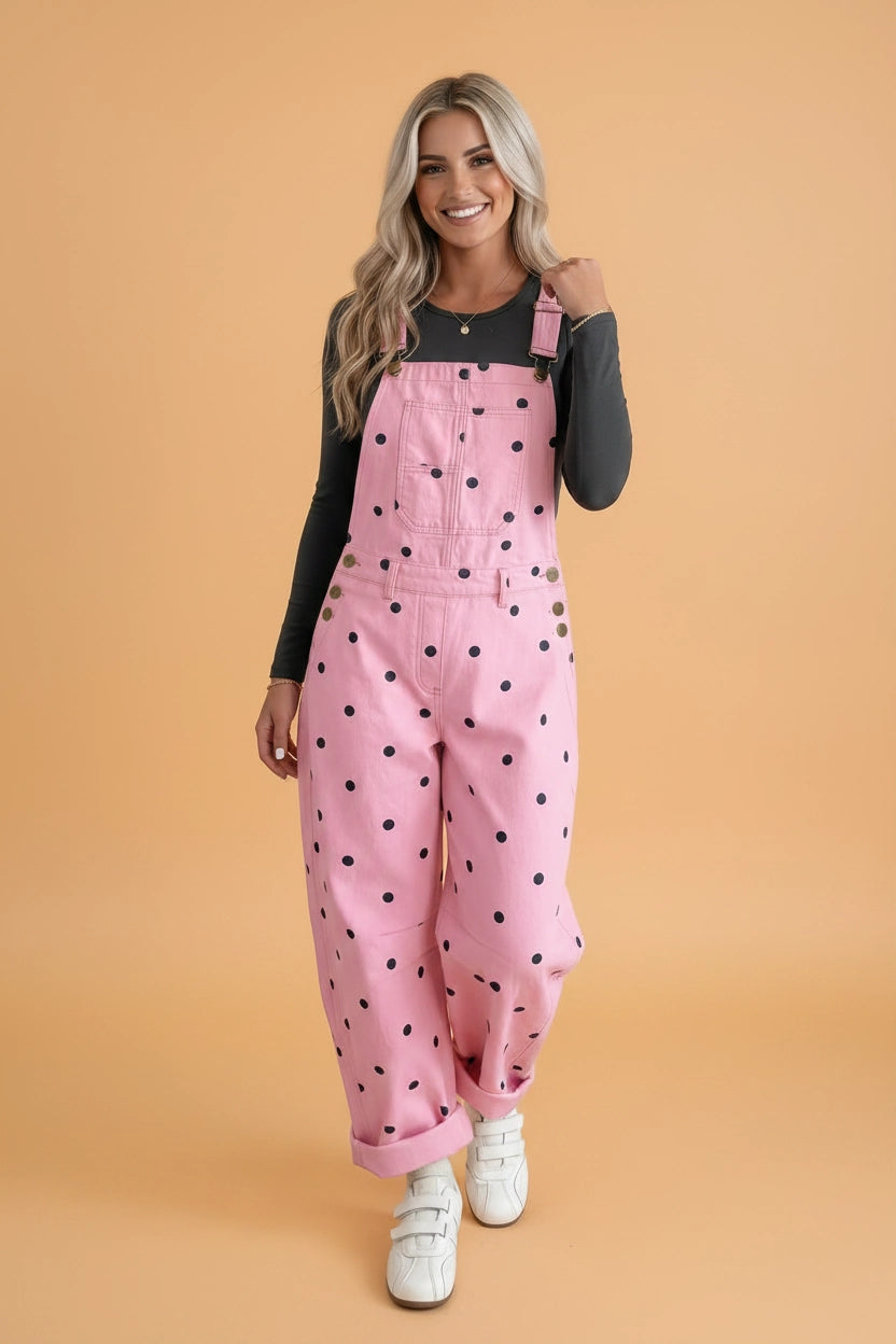 Pink Polka Dot Denim Barrel Leg Overalls
