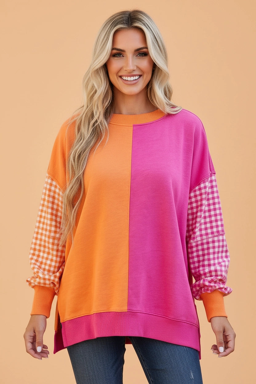 Pink & Orange Colorblock Gingham Sweatshirt