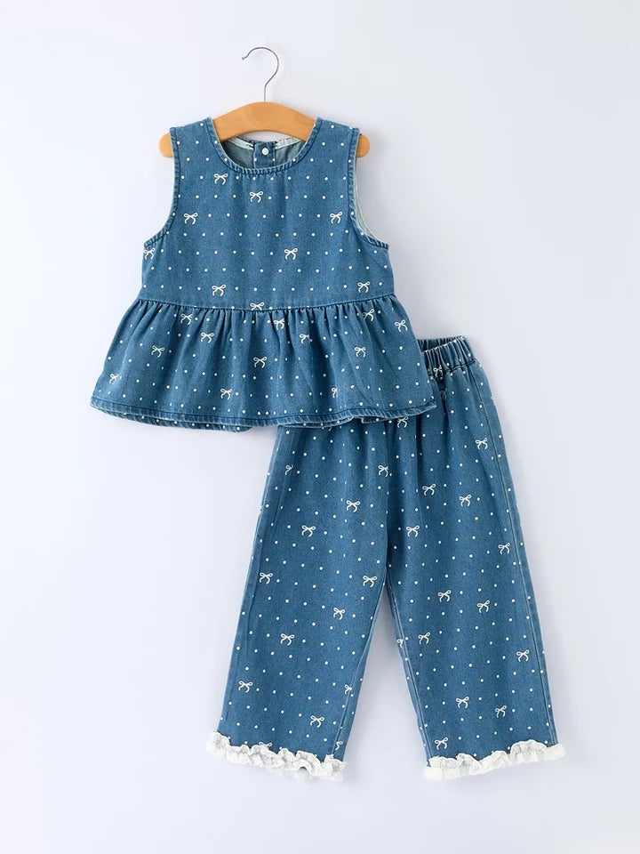 Polka Dot Denim Ruffle Top & Pants