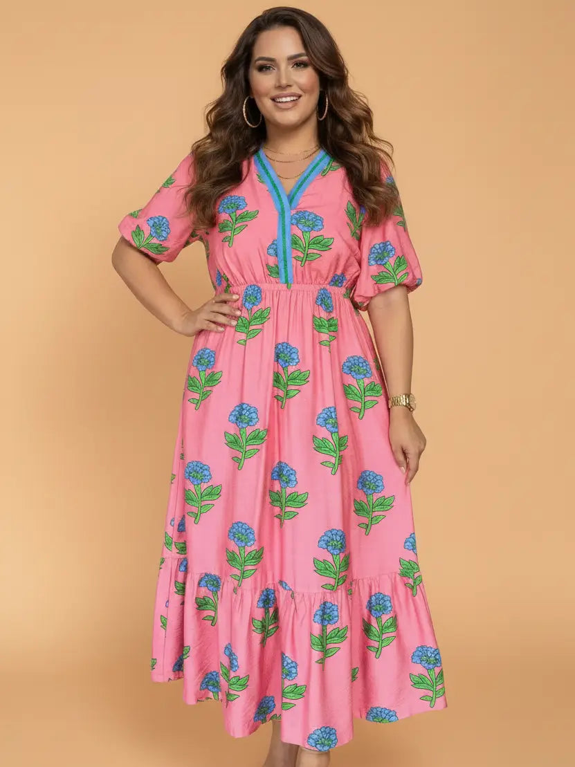 Salmon & Blue Floral Stripe Maxi Dress- Curvy