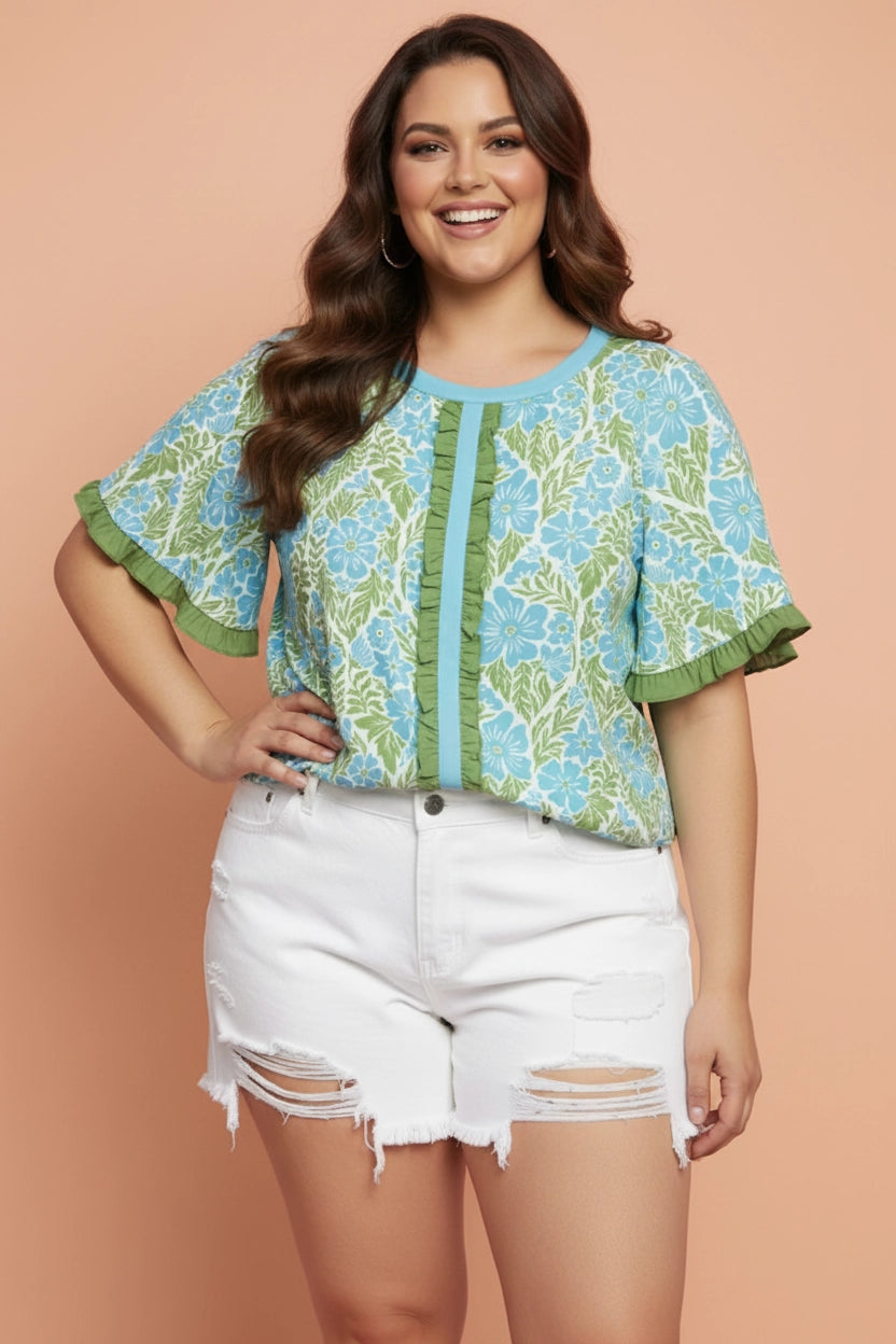 Green Floral Frilled Trim Blouse - Curvy