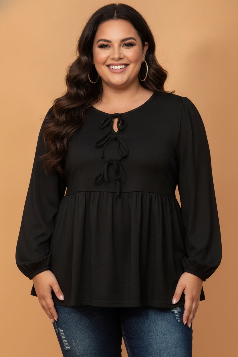 Black Bow Tie Front Blouse - Curvy