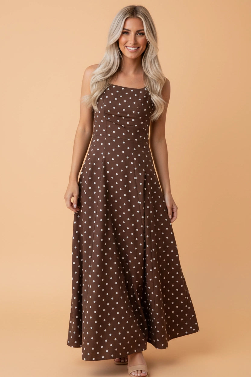 Brown Polka Dot Square Neck Maxi Dress