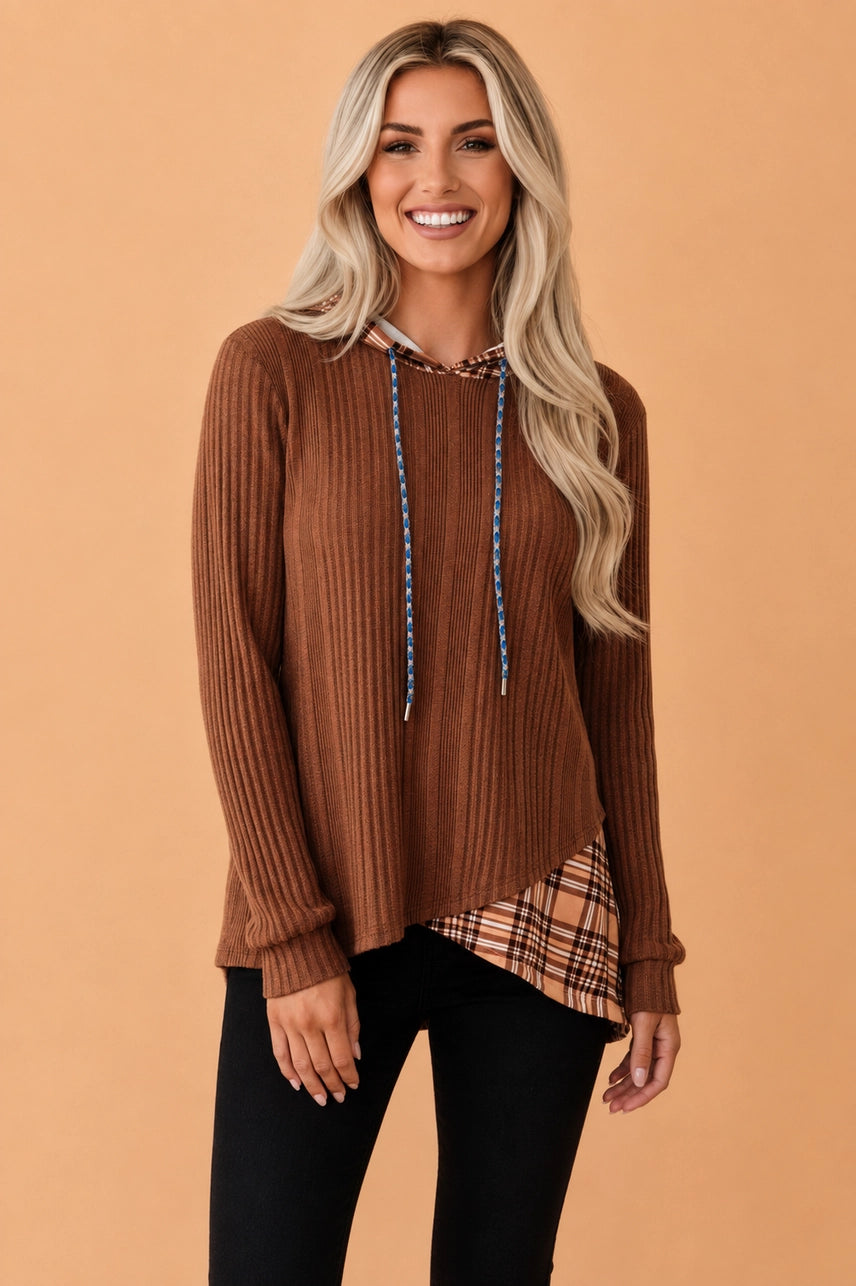 Brown Plaid Patchwork Ribbed Hooded Top