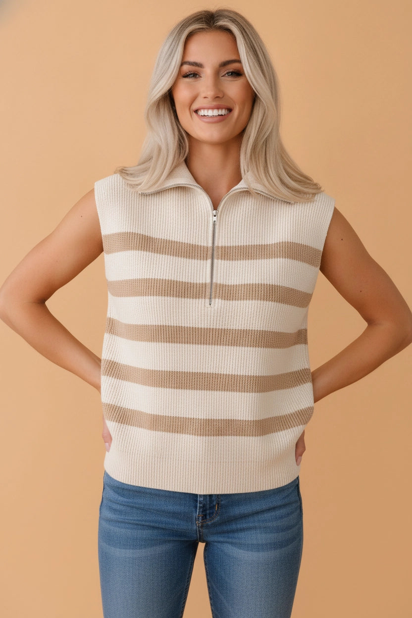 Tan Stripe Ribbed Half-Zip Sweater